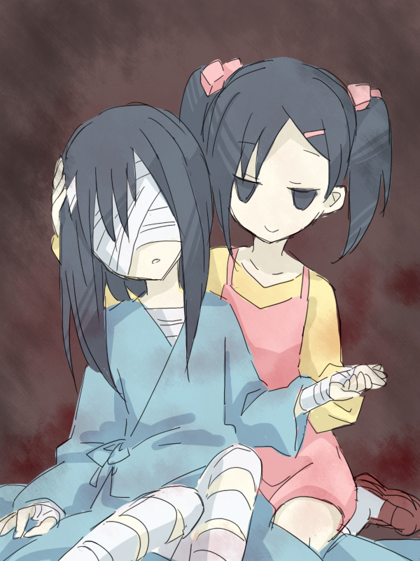 2girls, agasaki_yuna, agasaki_yuna_(real), bandage_on_face, bandages, bandages_over_eyes, black_hair, doll_(game)