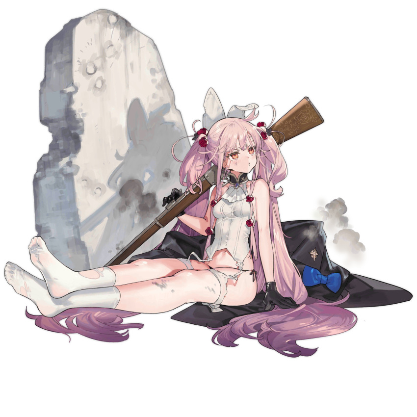 1girl, beads, collar, girls_frontline, gun, hair_beads, hair_ornament, hand_on_weapon, highres, leotard, lever_action, long_hair, martini-henry, martini-henry_(girls'_frontline), pink_eyes, pink_hair, rifle, rubble, shadow, sitting, socks, solo, sunlight, torn_clothes, twintails, unworn_clothes, very_long_hair, weapon, white_leotard, white_socks