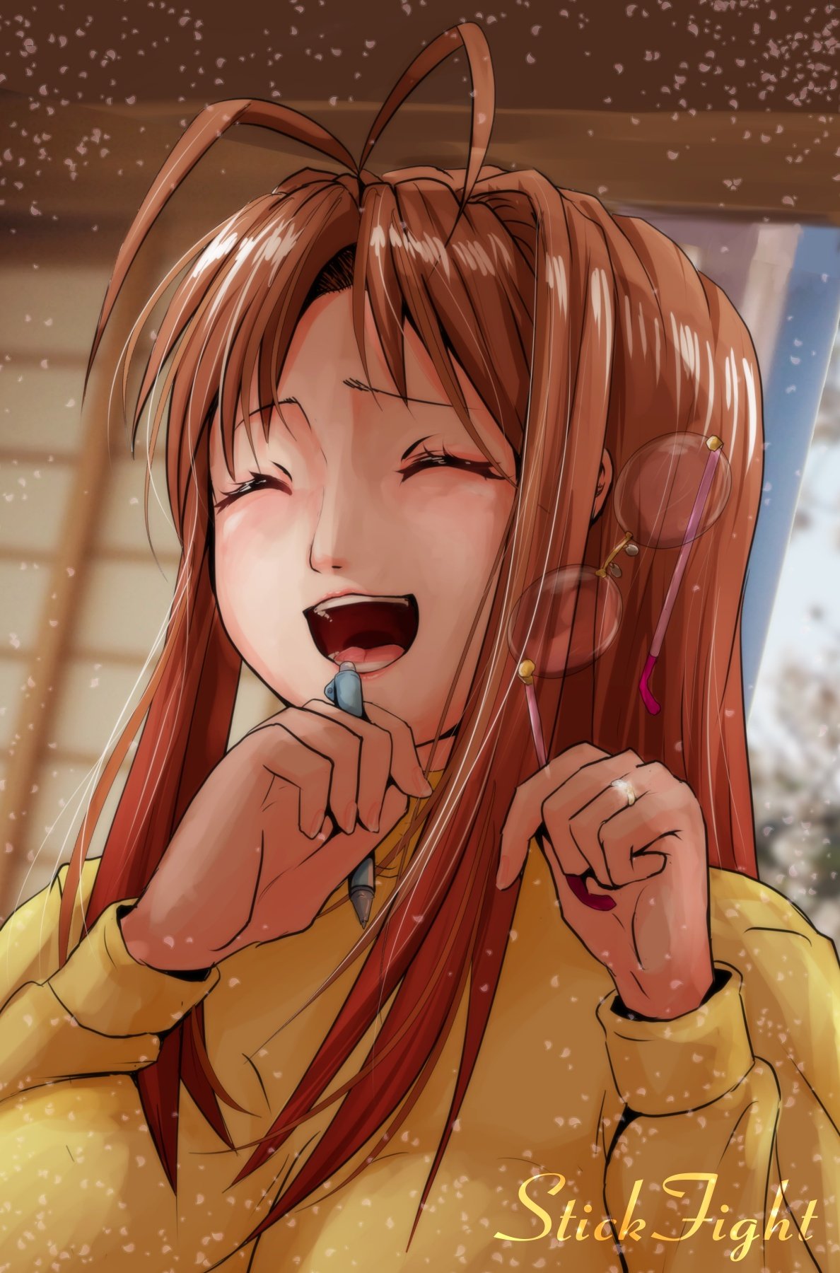 1girl, :d, antenna_hair, blurry, blurry_background, breasts, breasts_squeezed_together, circle_name