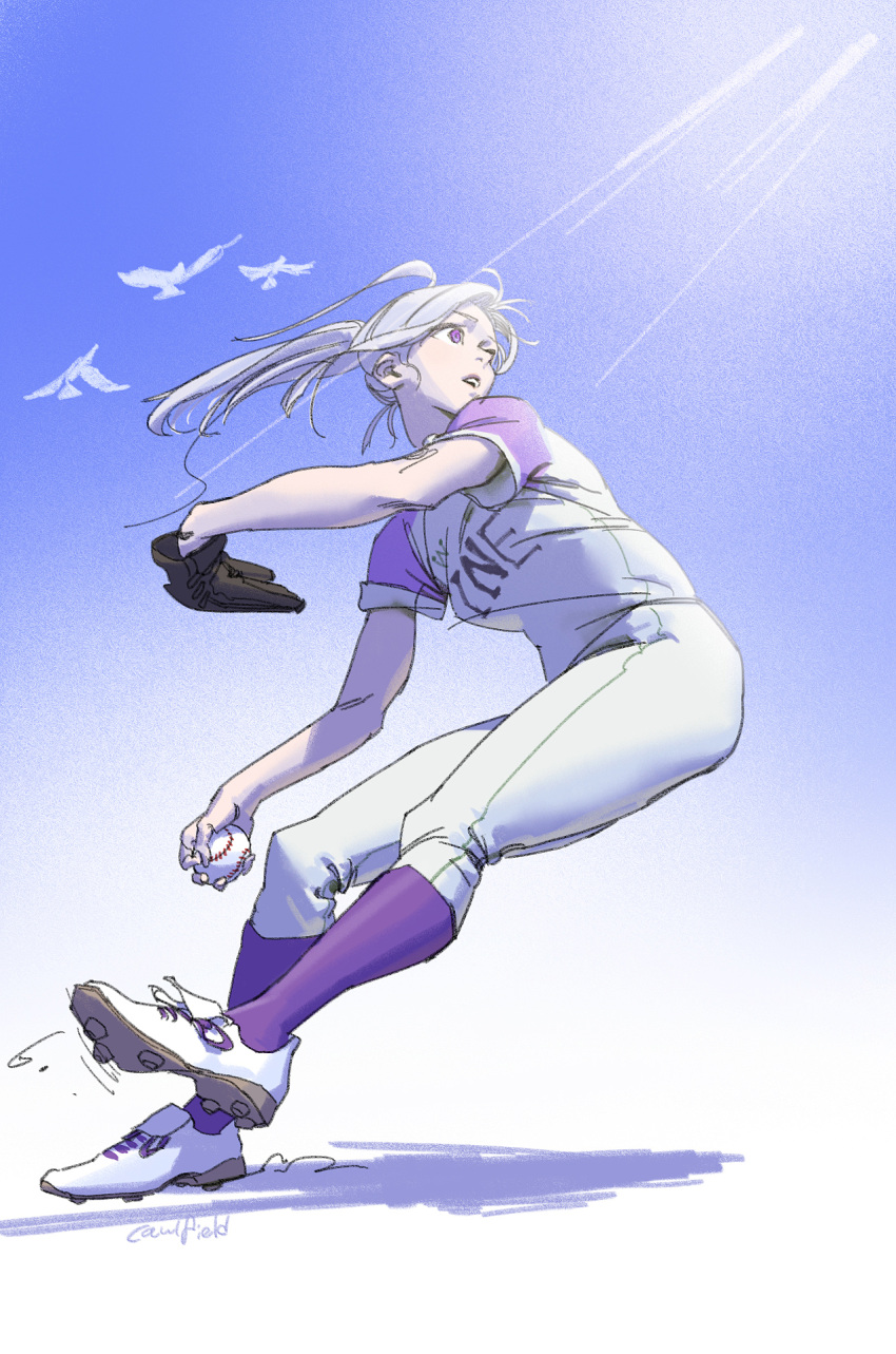 1girl, artist_name, ball, baseball_(object), baseball_mitt, baseball_uniform, bird, cleats