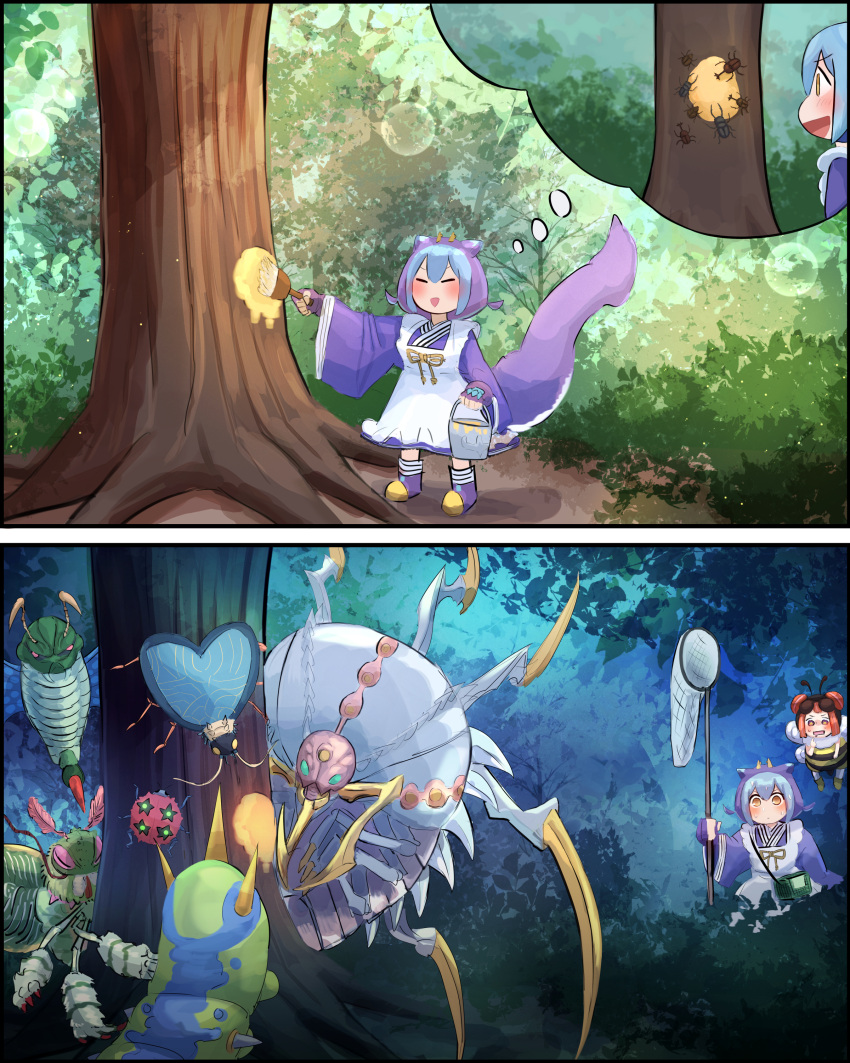 2girls, 4-star_ladybug, absurdres, arthropod_girl, bush, butterfly_net, day_and_night, duel_monster