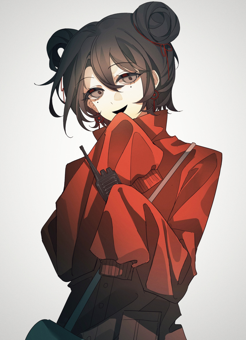 1girl, absurdres, black_hair, chinese_commentary, commentary_request, earrings, grey_background, grey_eyes