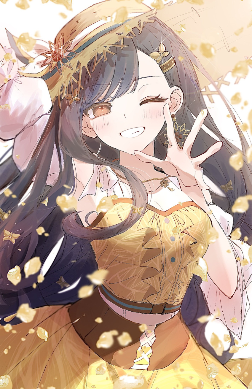 1girl, black_hair, blue_hair, blush, breasts, detached_sleeves, dress, earrings