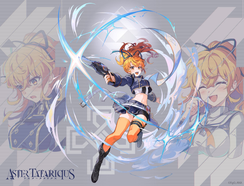 1girl, aster_tatariqus, belt, bike_shorts, black_footwear, blush, boots, closed_mouth, copyright_name, gareth_(aster_tatariqus), gun, hair_ribbon, highres, holding, holding_gun, holding_weapon, looking_at_viewer, midriff, official_art, open_mouth, orange_eyes, orange_hair, orange_socks, ponytail, ribbon, shoes, skirt, smile, socks, solo, standing, standing_on_one_leg, teeth, upper_teeth_only, weapon, yellow_eyes