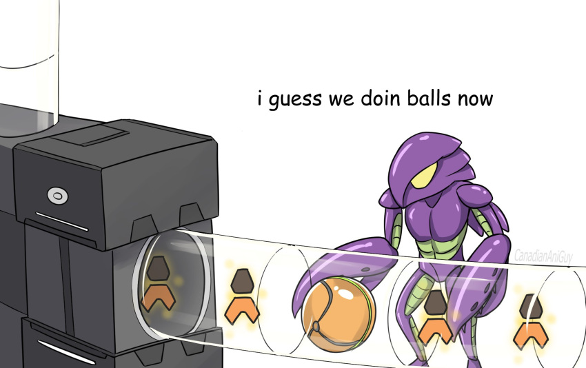 artist_name, canadiananiguy, colored_skin, comic_sans, commentary, crab_claw, english_commentary, english_text, glowing, green_skin, highres, i_guess_we_doin_circles_now_(meme), meme, metroid, metroid_prime, missile, morph_ball, multicolored_skin, purple_skin, samus_aran, simple_background, space_pirate_(metroid), standing, tube, tuuuuuubes_(meme), two-tone_skin, white_background, yellow_eyes, zebesian