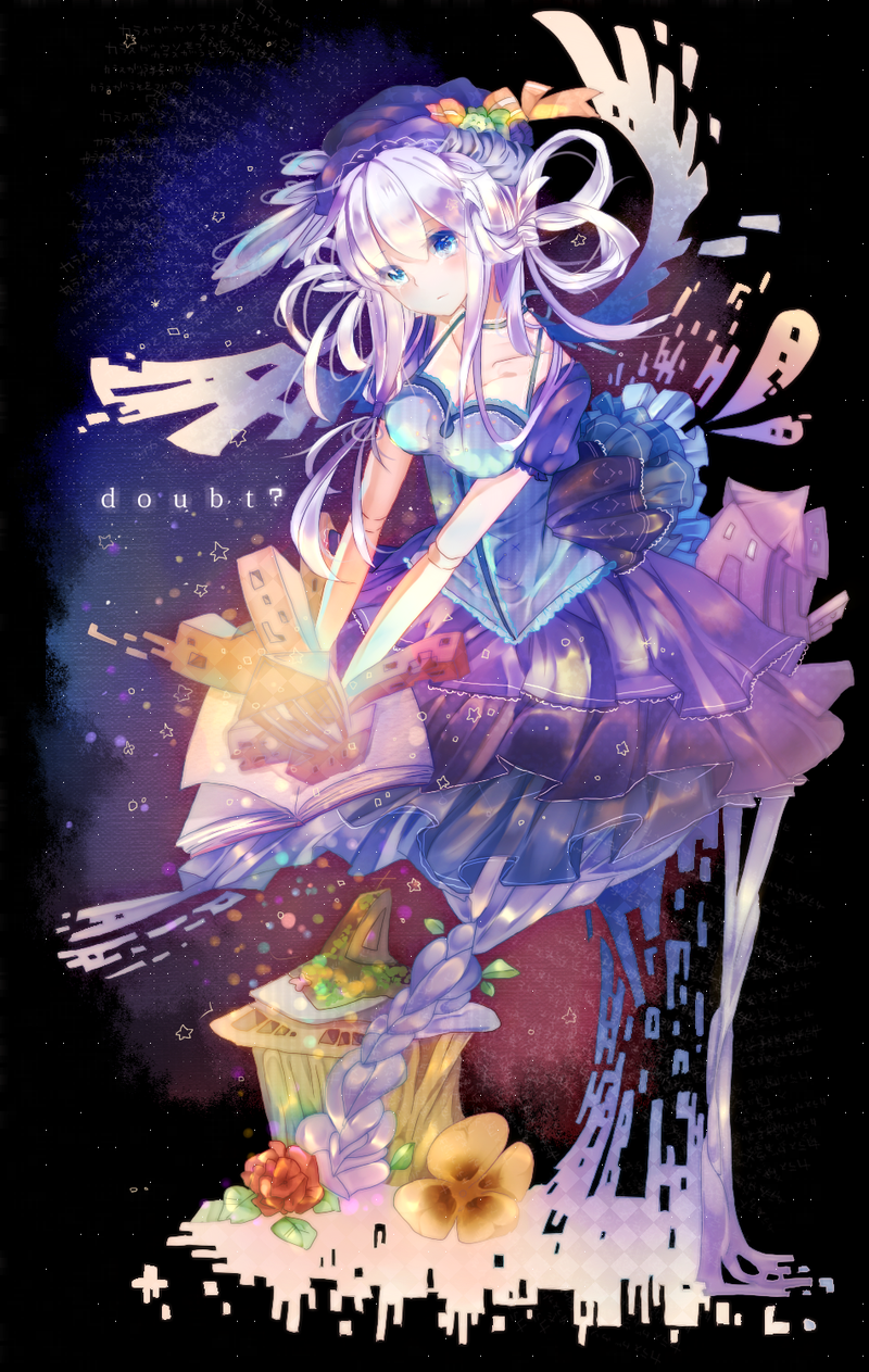 blue_eyes, book, breasts, building, cleavage, dress, flower, hair_loops, hair_rings, hat, highres, itamidome, long_hair, original, silver_hair, solo, surreal, tears, wings
