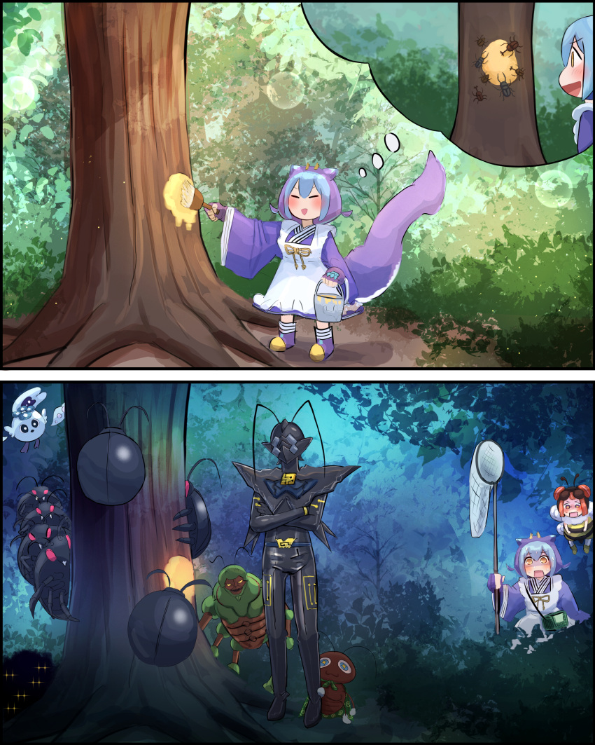 1boy, 1girl, absurdres, bush, butterfly_net, character_request, day_and_night, duel_monster