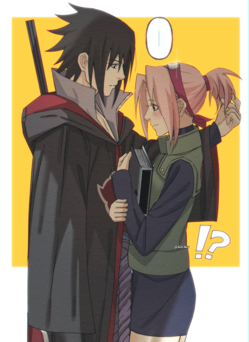 !?, ..., 1boy, 1girl, akatsuki_uniform, black_coat, black_eyes, black_hair