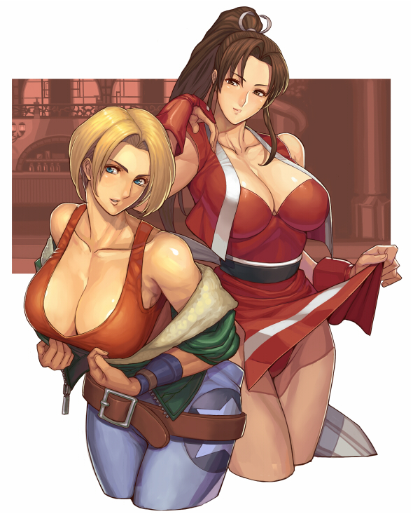 bare_shoulders, belt, beltskirt, blonde_hair, blue_mary, breasts, cleavage, fatal_fury