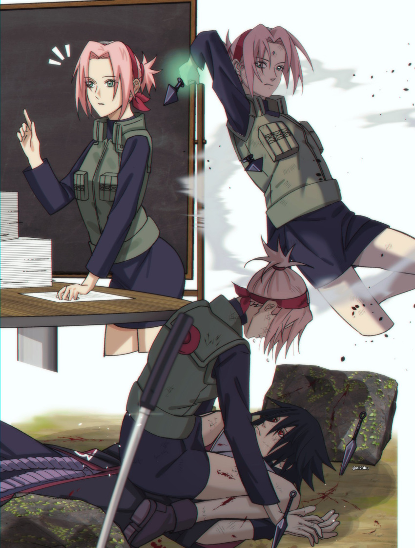 1boy, 1girl, akatsuki_uniform, black_hair, black_shirt, black_skirt, chalkboard, chokutou
