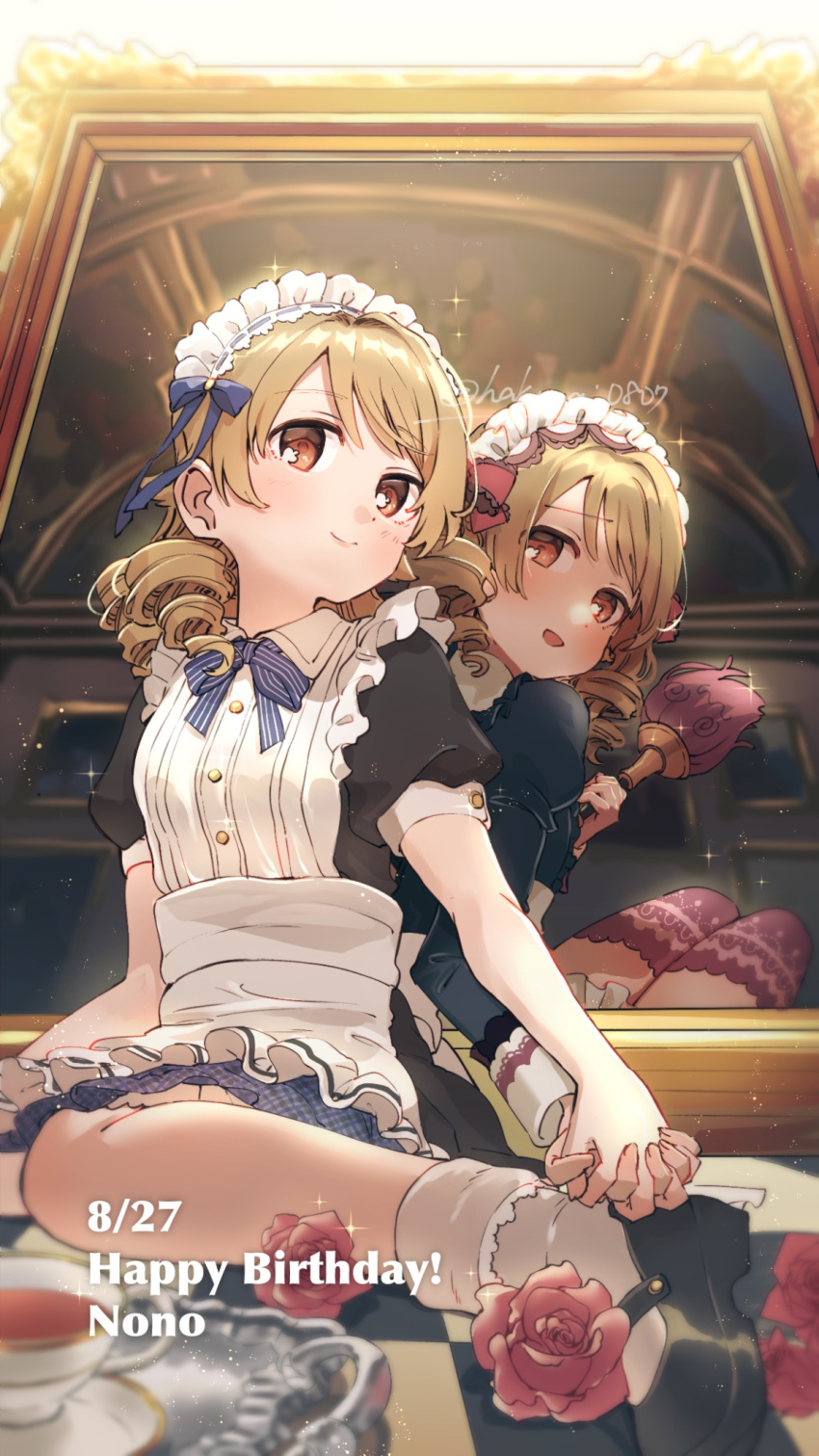 2girls, apron, artist_name, birthday, black_dress, black_footwear, blonde_hair, blue_bow