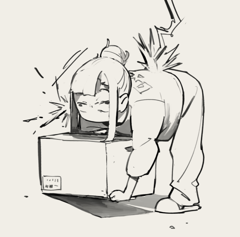 1girl, back_pain, bent_over, box, cardboard_box, commentary_request, constricted_pupils, full_body