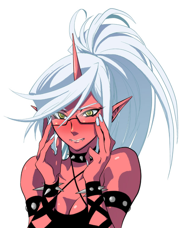 blue_hair, blush, breasts, cleavage, demon_girl, fangs, glasses, kneesocks_(character), kneesocks_(psg), long_hair, mgk968, panty_&amp;_stocking_with_garterbelt, pointy_ears, ponytail, red_skin, simple_background, solo, spikes, yellow_eyes