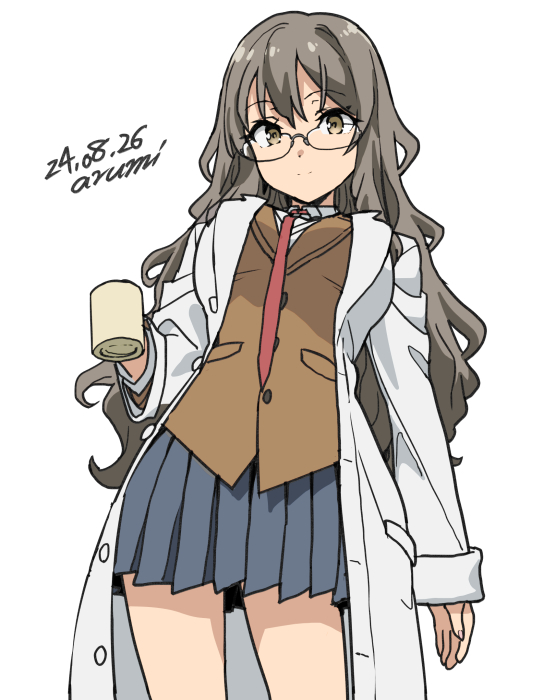 1girl, baba_arumi, brown_eyes, brown_jacket, coat, dated, futaba_rio, grey_hair
