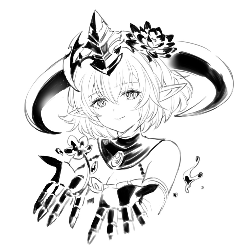 1girl, bare_shoulders, filene_(shadowverse), flower, gauntlets, granblue_fantasy, hair_between_eyes, hair_flower, hair_ornament, highres, horns, looking_at_viewer, medium_hair, monochrome, nishiki_(jinnishiki), pointy_ears, sidelocks, simple_background, sleeveless, smile, solo, white_background