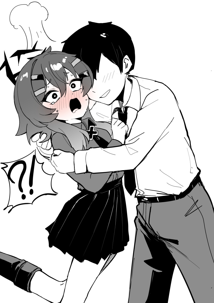 !?, 1boy, 1girl, absurdres, blue_archive, blush, boots, collared_shirt