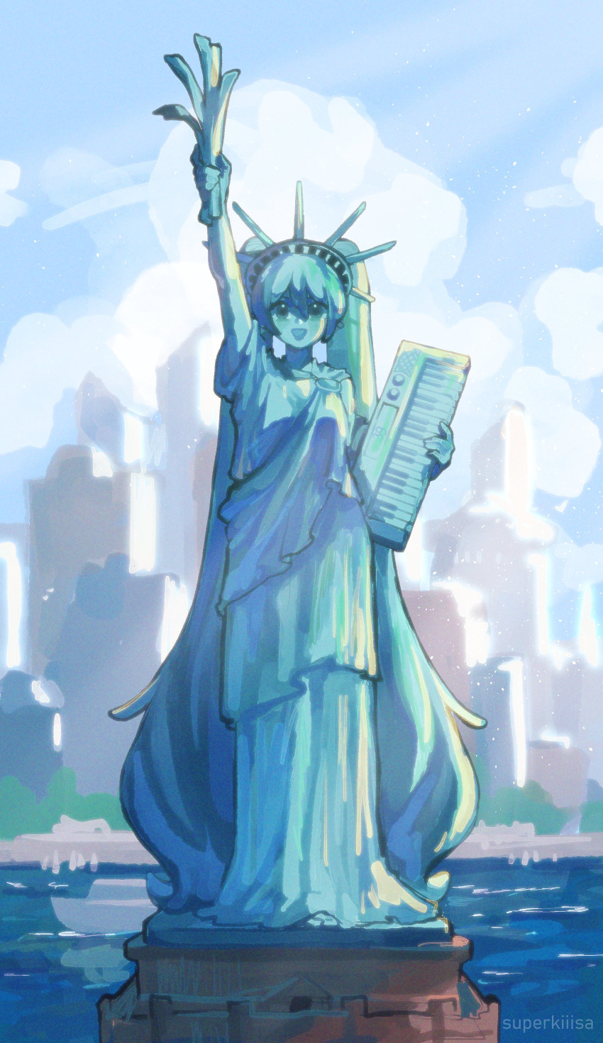 1girl, absurdly_long_hair, absurdres, arm_up, blue_sky, blurry, boat, bokeh