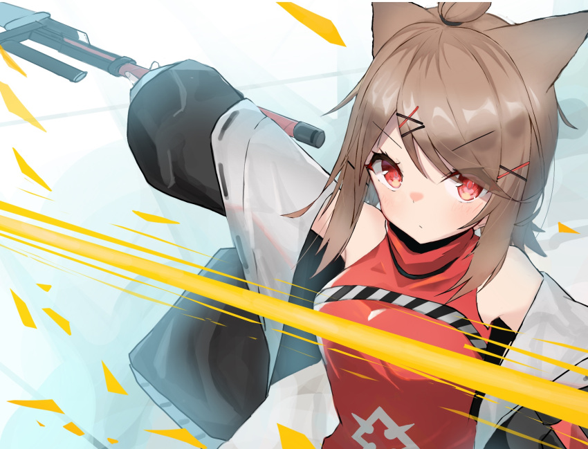 1girl, animal_ears, arknights, bare_shoulders, black_hairband, breasts, brown_hair, closed_mouth
