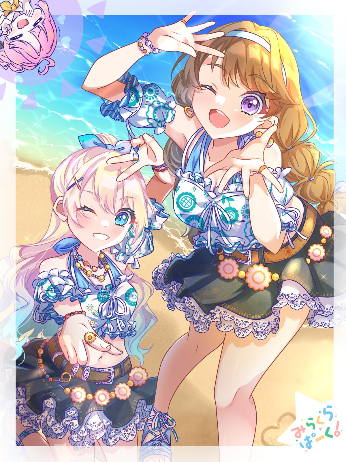 3girls, ;d, =_=, ahoge, anyoji_hime, beach, belt, black_ribbon