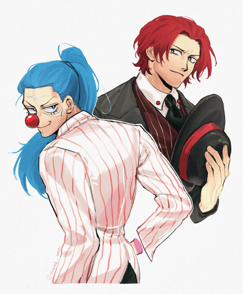 2boys, black_necktie, black_suit, blue_eyes, blue_hair, bright_pupils, brown_eyes, buggy_the_clown