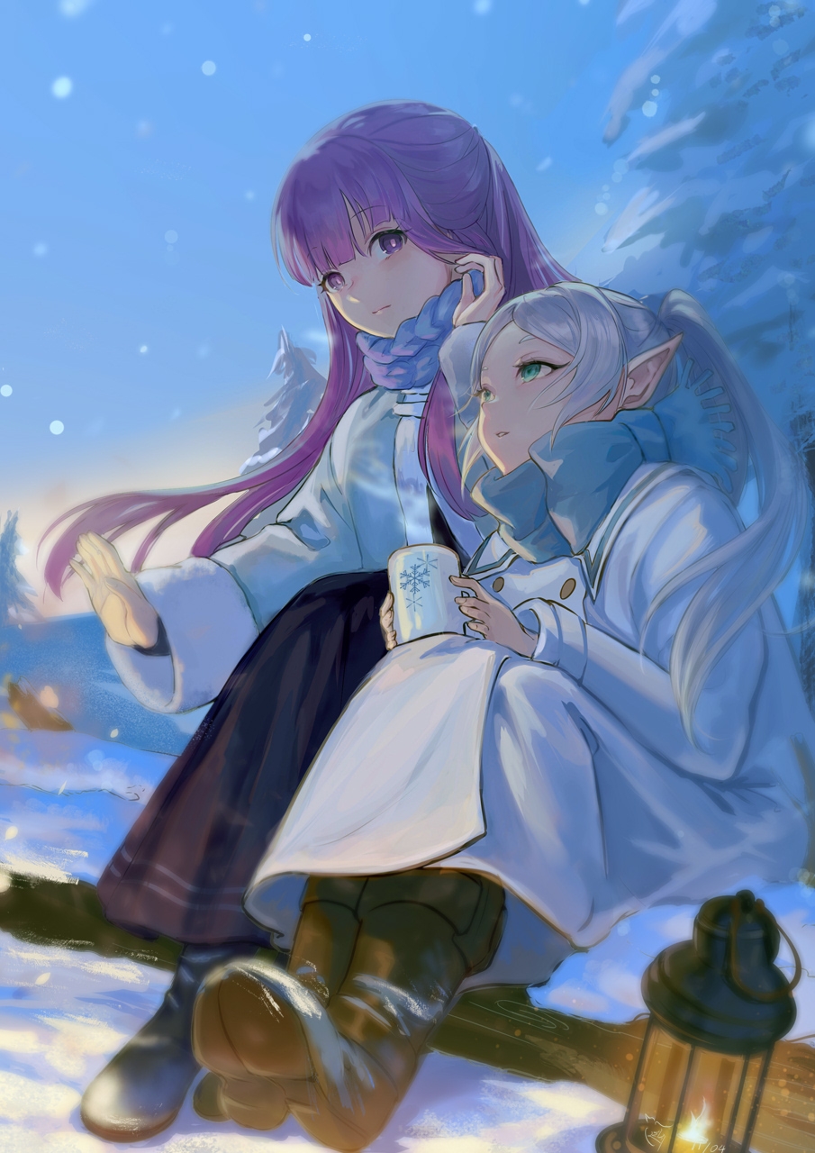 2girls, asukayou, blue_scarf, chinese_commentary, commentary_request, cup, elf, fern_(sousou_no_frieren), frieren, green_eyes, highres, holding, holding_cup, lantern, legs_together, long_hair, long_skirt, looking_at_another, looking_up, mug, multiple_girls, outdoors, pine_tree, pointy_ears, purple_hair, purple_skirt, robe, scarf, short_eyebrows, sitting, skirt, snow, snow_on_tree, sousou_no_frieren, sparks, steam, stoking, sunrise, tree, twintails, violet_eyes, white_hair, white_robe, winter