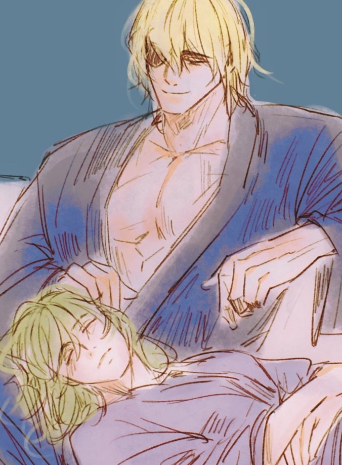 1boy, 1girl, abs, arm_across_waist, blonde_hair, blue_robe, blue_shirt, byleth_(female)_(fire_emblem)