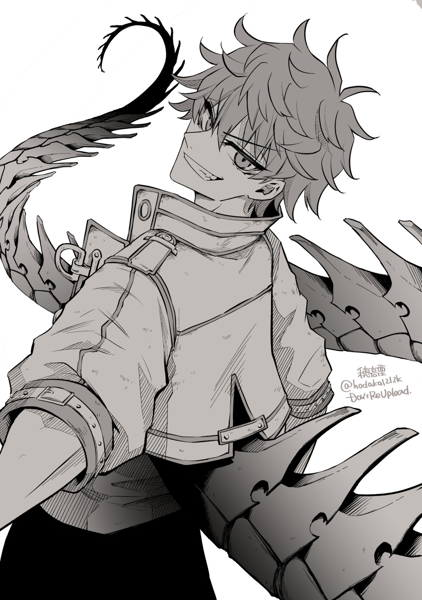 1boy, absurdres, ahoge, artist_name, black_pants, clenched_teeth, commentary_request, dragon_boy