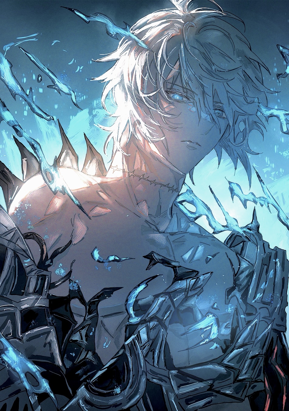 1boy, blue_eyes, blue_fire, fire, glowing, glowing_eye, granblue_fantasy, hair_between_eyes, highres, looking_at_viewer, lucilius_(granblue_fantasy), muramitsu_(d3jgv), short_hair, sidelighting, solo, stitches, white_hair