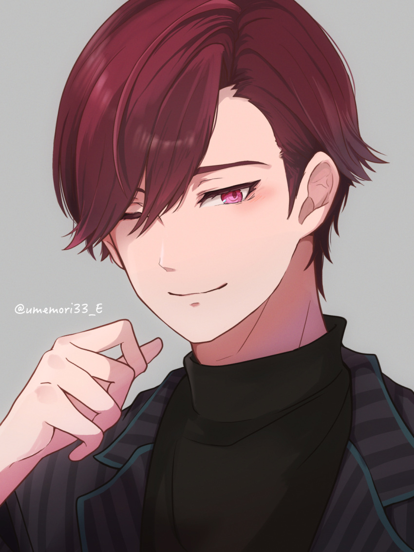 1boy, black_shirt, blazer, closed_mouth, commentary_request, grey_background, grey_jacket, hair_over_one_eye