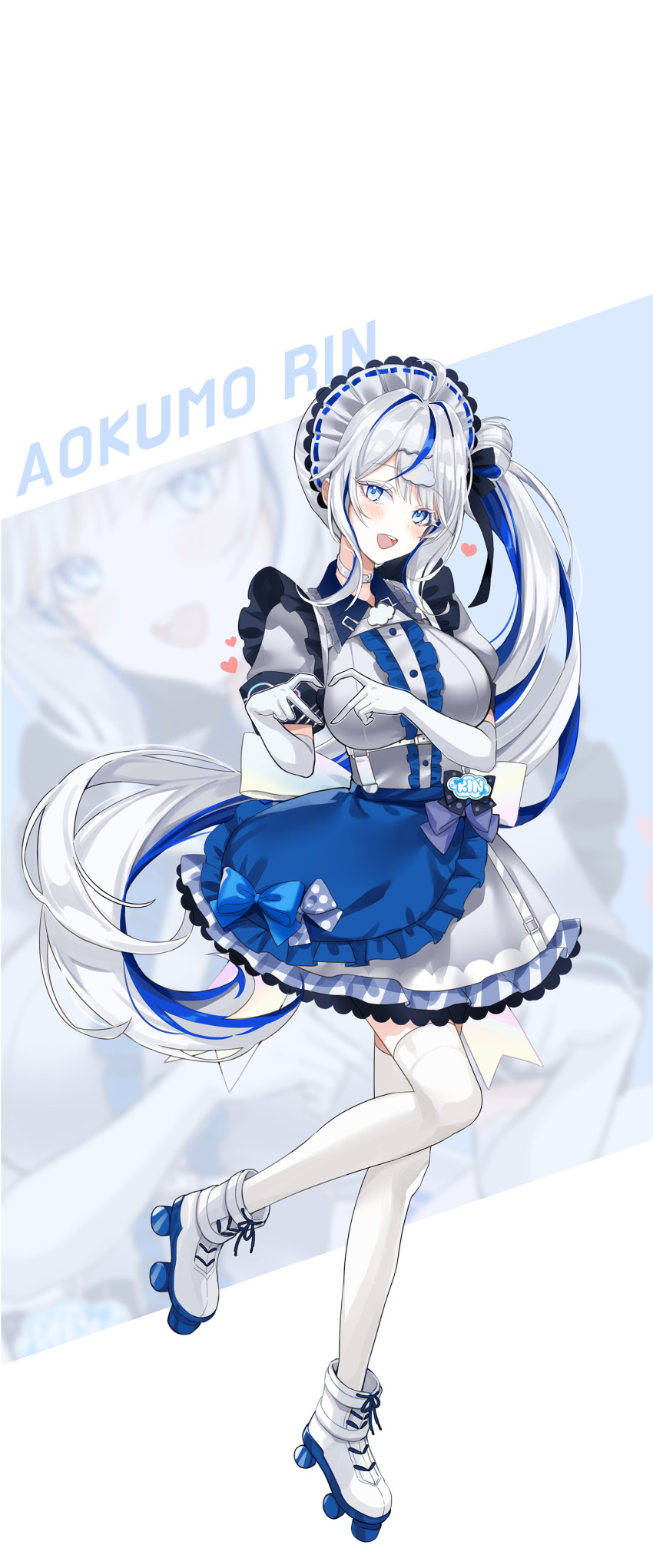1girl, absurdres, aokumo_rin, apron, blue_apron, blue_bow, blue_hair, bow