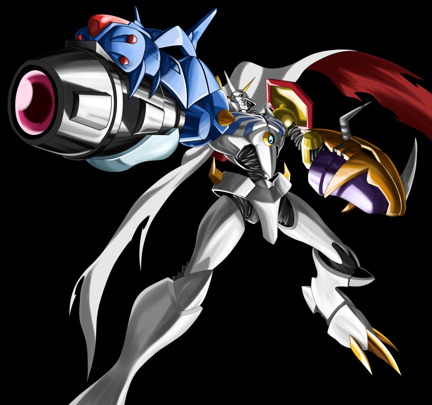 absurdres, arm_cannon, armor, black_background, cape, capelet, digimon, digimon_(creature)