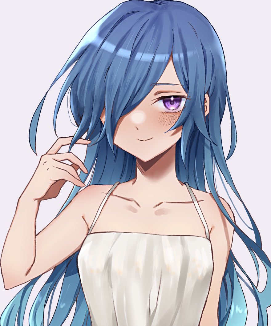 1girl, alternate_hair_length, alternate_hairstyle, blue_hair, blush, check_commentary, commentary_request, dress