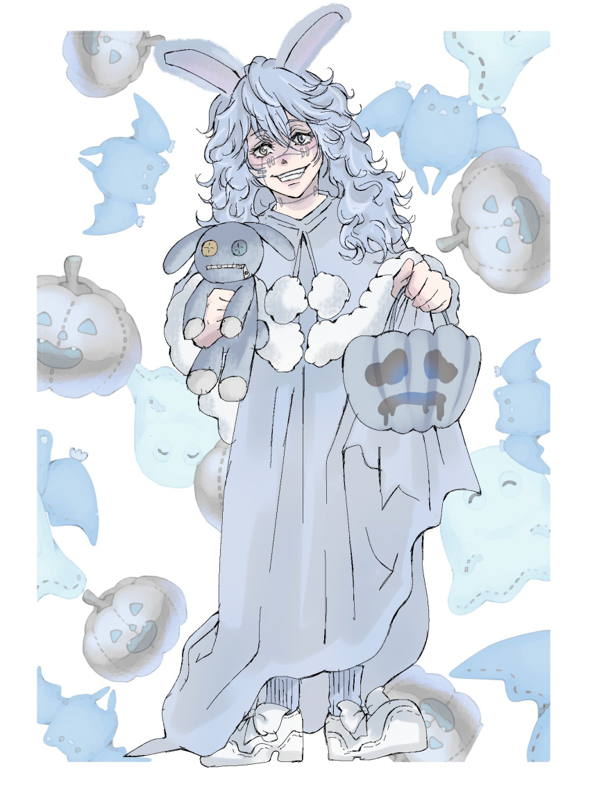 1boy, aged_down, alternate_costume, androgynous, animal_ears, blue_cloak, blue_eyes, blue_hair, blue_robe, bucket, button_eyes, buttons, cloak, eyelashes, full_body, fur-trimmed_cloak, fur_trim, halloween, halloween_bucket, highres, holding, holding_bucket, holding_stuffed_toy, ivii3, jack-o'-lantern, jujutsu_kaisen, long_hair, mahito_(jujutsu_kaisen), male_focus, messy_hair, pom_pom_(clothes), rabbit_boy, rabbit_ears, robe, solo, stitched_face, stitches, stuffed_animal, stuffed_bat, stuffed_ghost, stuffed_pumpkin, stuffed_toy, white_background, white_footwear, yellow_eyes, zipper