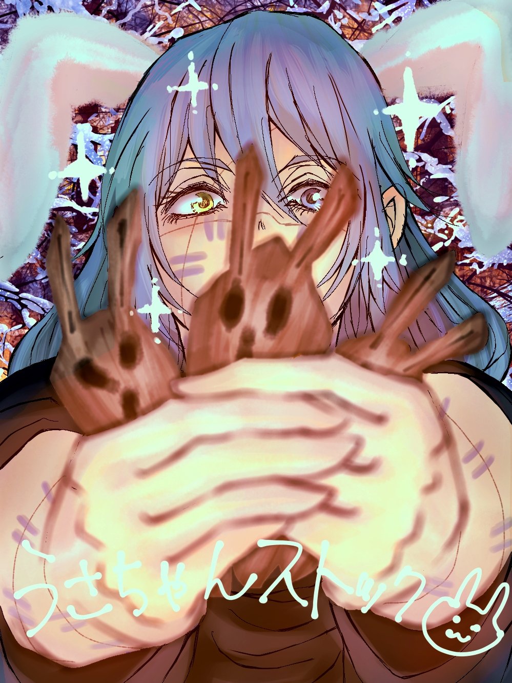 1boy, :3, abstract_background, animal_ears, black_shirt, blue_eyes, blue_hair, covered_mouth