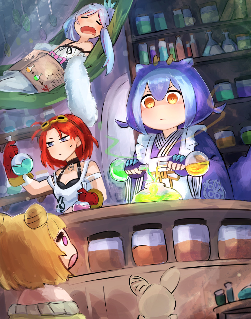 4girls, absurdres, apron, commission, counter, dragon_girl, duel_monster, hatano_kiyoshi