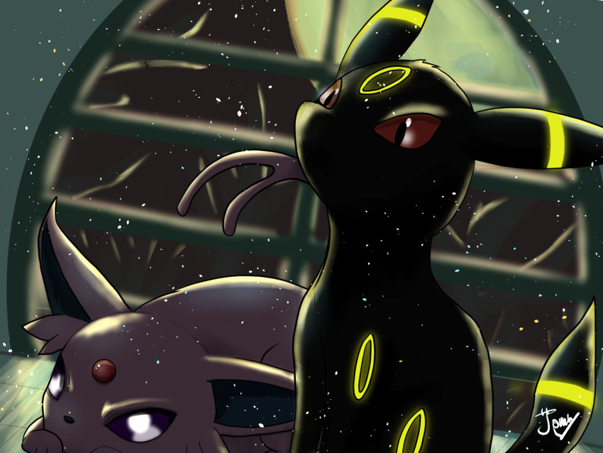 animal_ears, artist_name, black_fur, body_markings, espeon, highres, jonny, looking_at_viewer, lying, moon, on_stomach, pokemon, pokemon_(creature), purple_fur, red_eyes, signature, sitting, tail, umbreon, violet_eyes, window