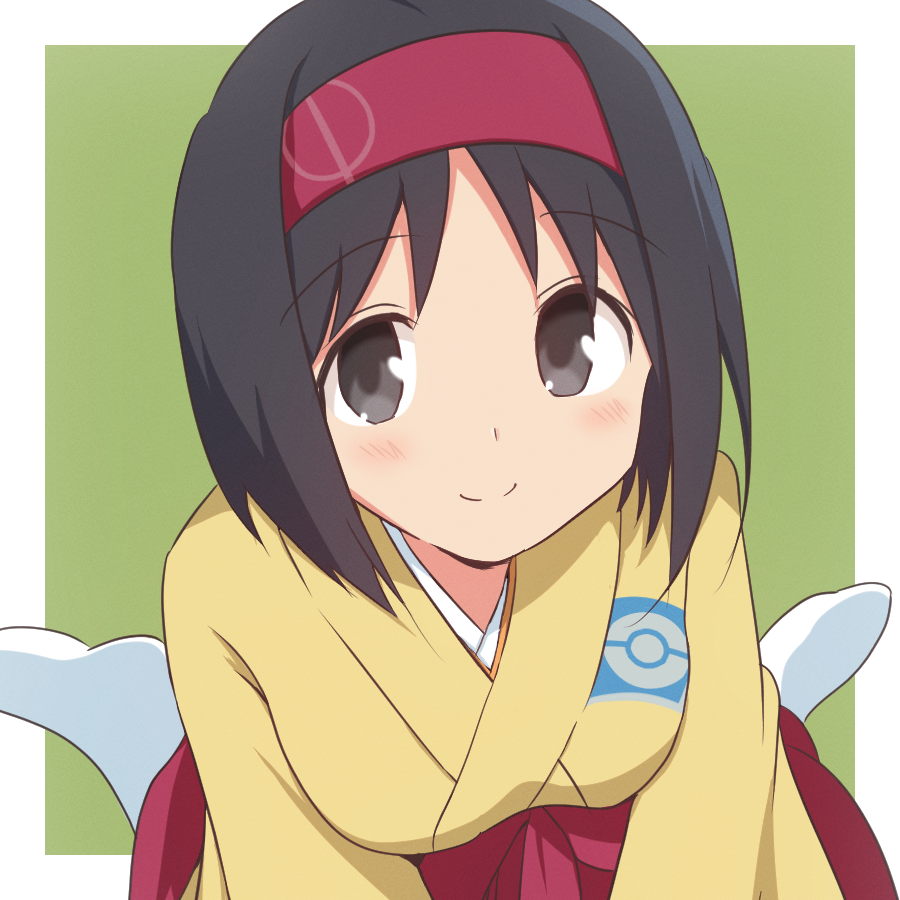 1girl, black_eyes, black_hair, blush, border, breasts, closed_mouth, commentary_request