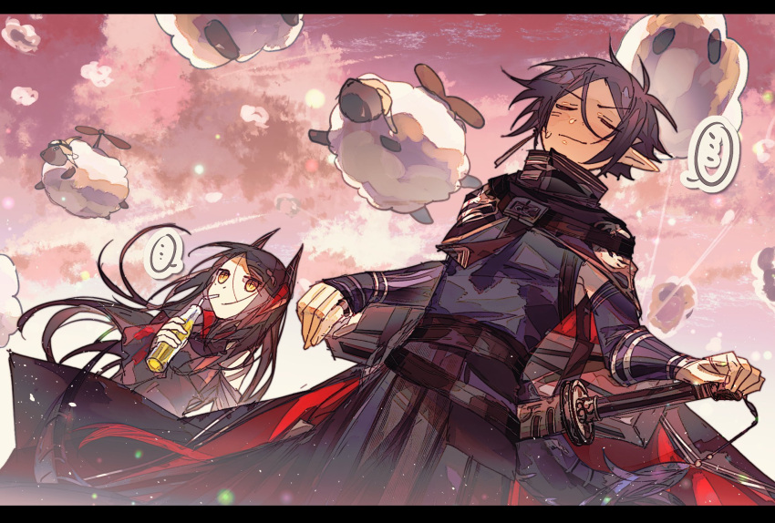 1boy, 1girl, arknights, armpits, black_hair, black_horns, blue_hair, closed_eyes, demon_horns, drink, hair_flowing_over, highres, holding, holding_sword, holding_weapon, horns, ines_(arknights), looking_to_the_side, pointy_ears, sheep, sword, uby401, weapon, zuo_le_(arknights)