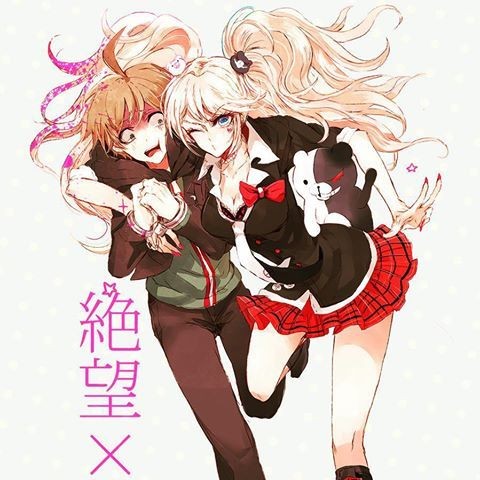 1boy, 1girl, blonde_hair, brown_hair, couple, danganronpa_(series), danganronpa_1, enoshima_junko