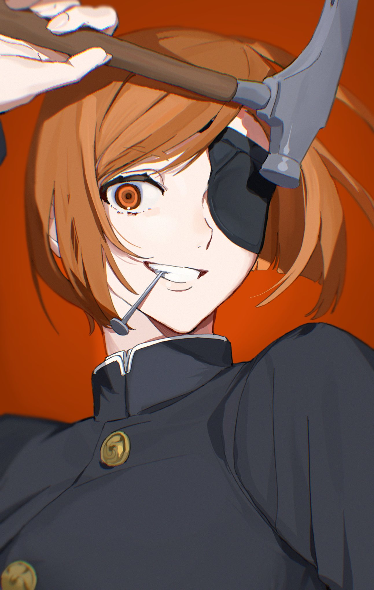 1girl, brown_eyes, brown_hair, claw_hammer, eyepatch, hammer, high_collar, highres