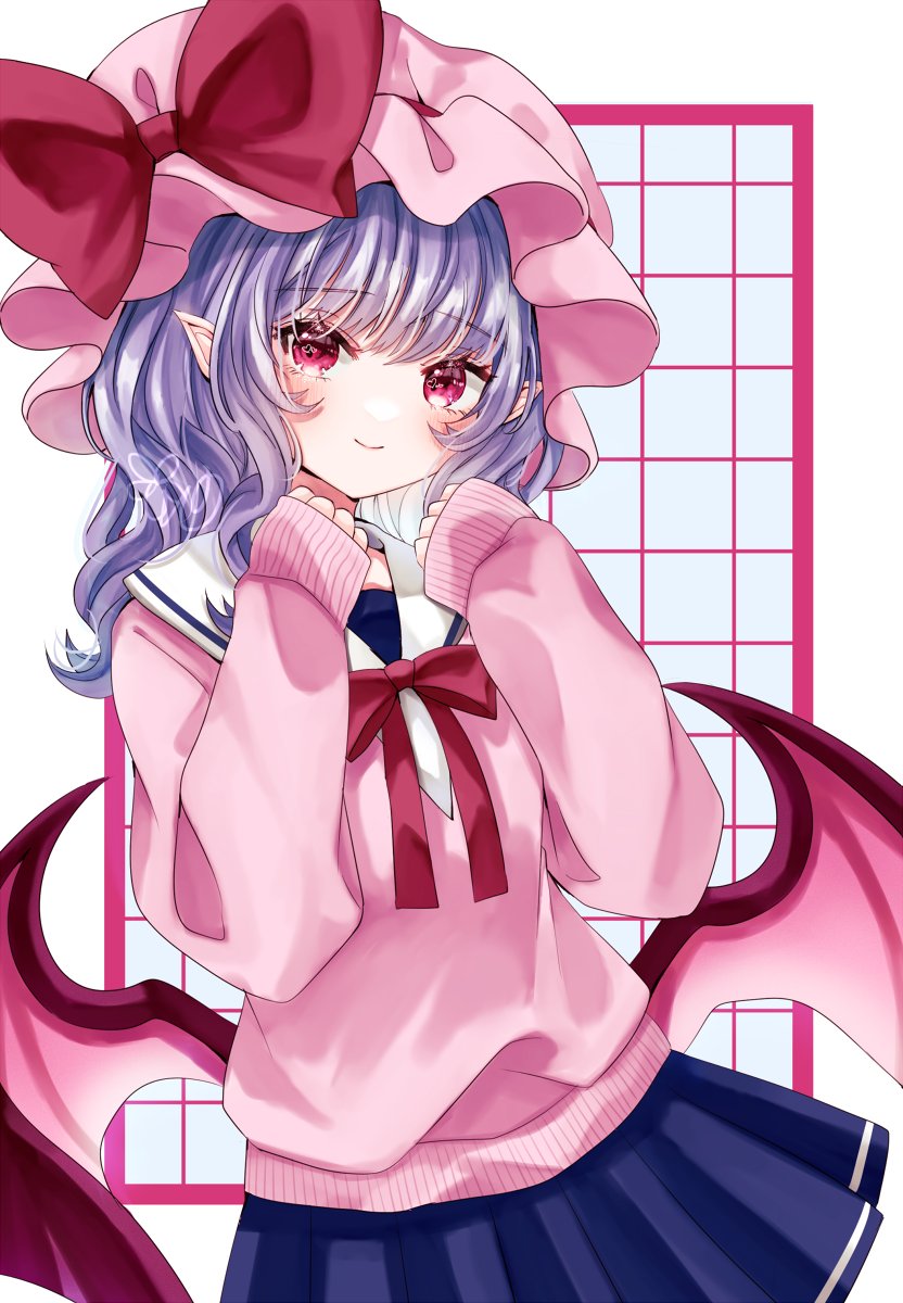 1girl, alternate_costume, bat_wings, blue_hair, blue_skirt, bow, commentary_request, cowboy_shot