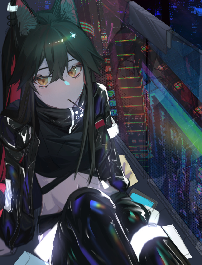 1girl, absurdres, animal_ear_fluff, animal_ears, arknights, black_hair, closed_mouth, feet_out_of_frame