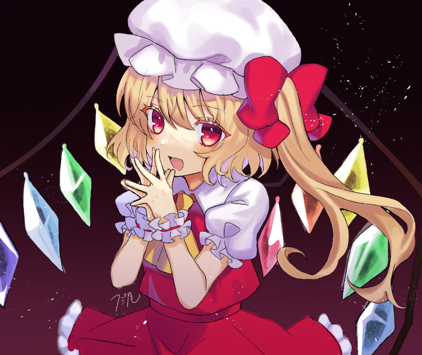1girl, ascot, blonde_hair, cowboy_shot, crystal_wings, flandre_scarlet, hat, hat_ribbon