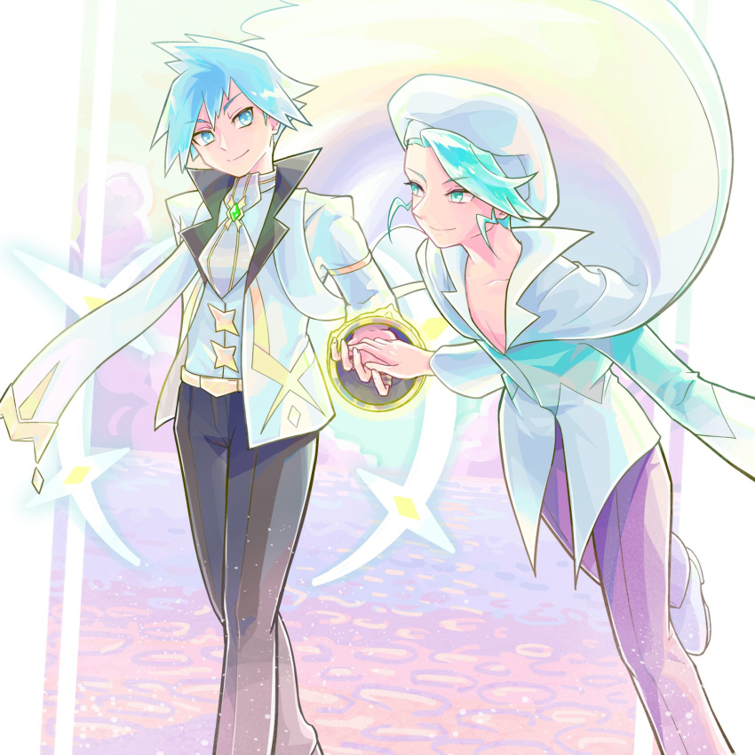 2boys, blue_hair, closed_mouth, collarbone, collared_shirt, commentary, ffccll, green_eyes
