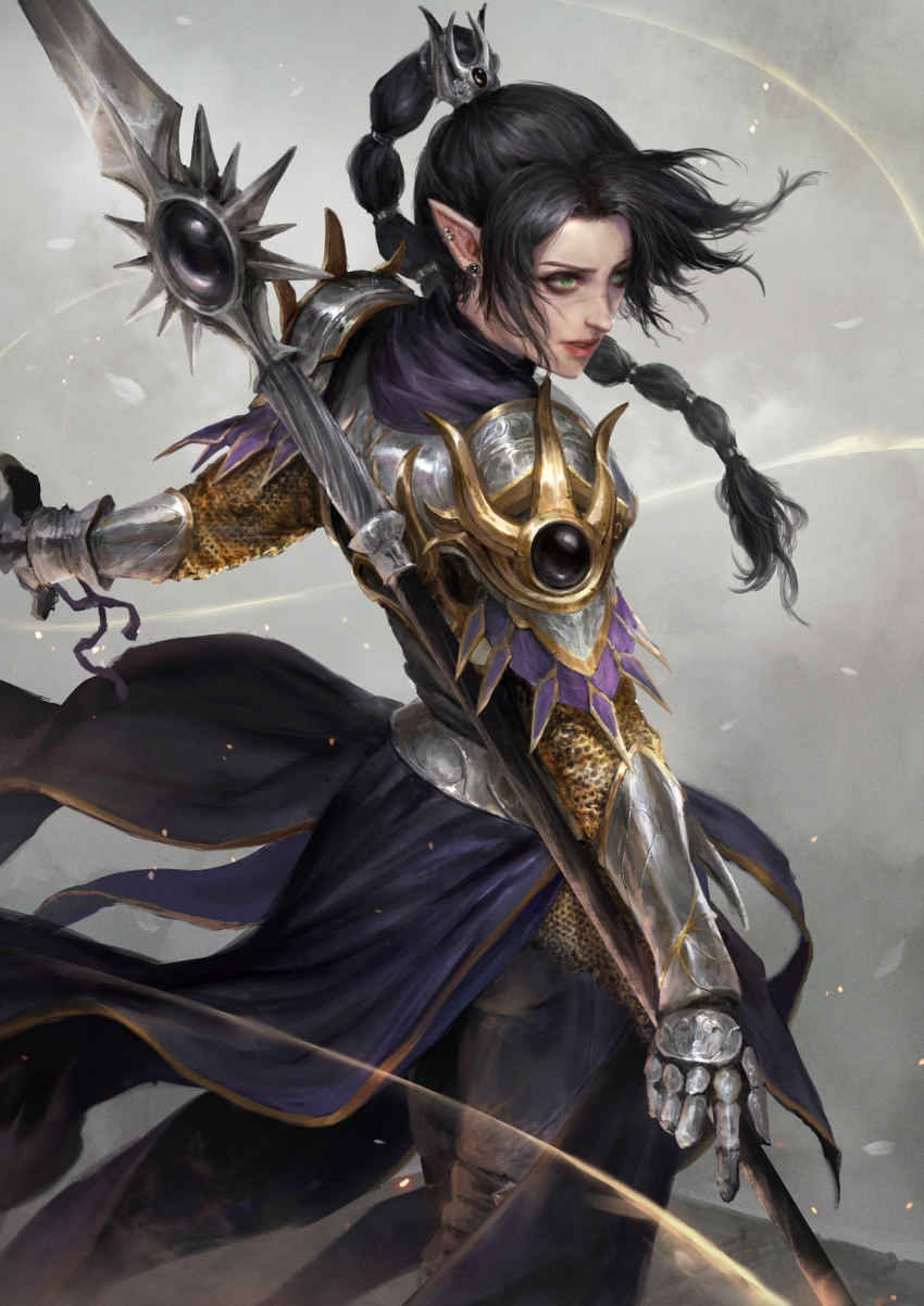 1girl, armor, baldur's_gate, baldur's_gate_3, black_hair, braid, dungeons_&amp;_dragons, elf