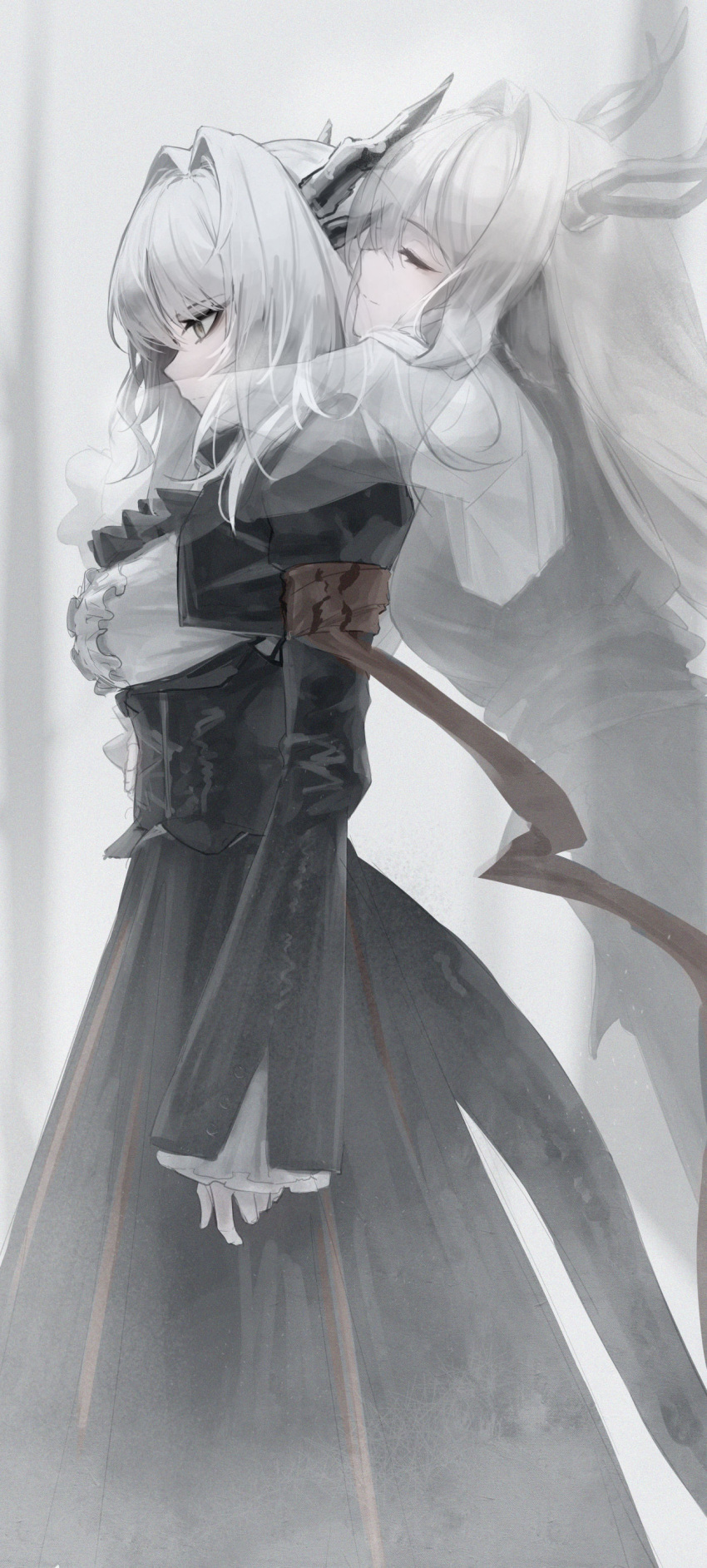 2girls, absurdres, alina_(arknights), antlers, arknights, armband, black_dress, black_horns