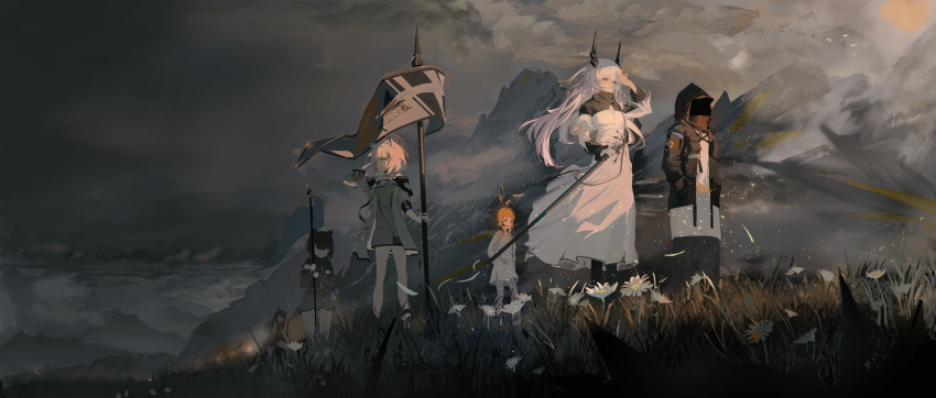 1other, 4girls, absurdres, animal_ears, arknights, black_jacket, cat_ears, demon_horns