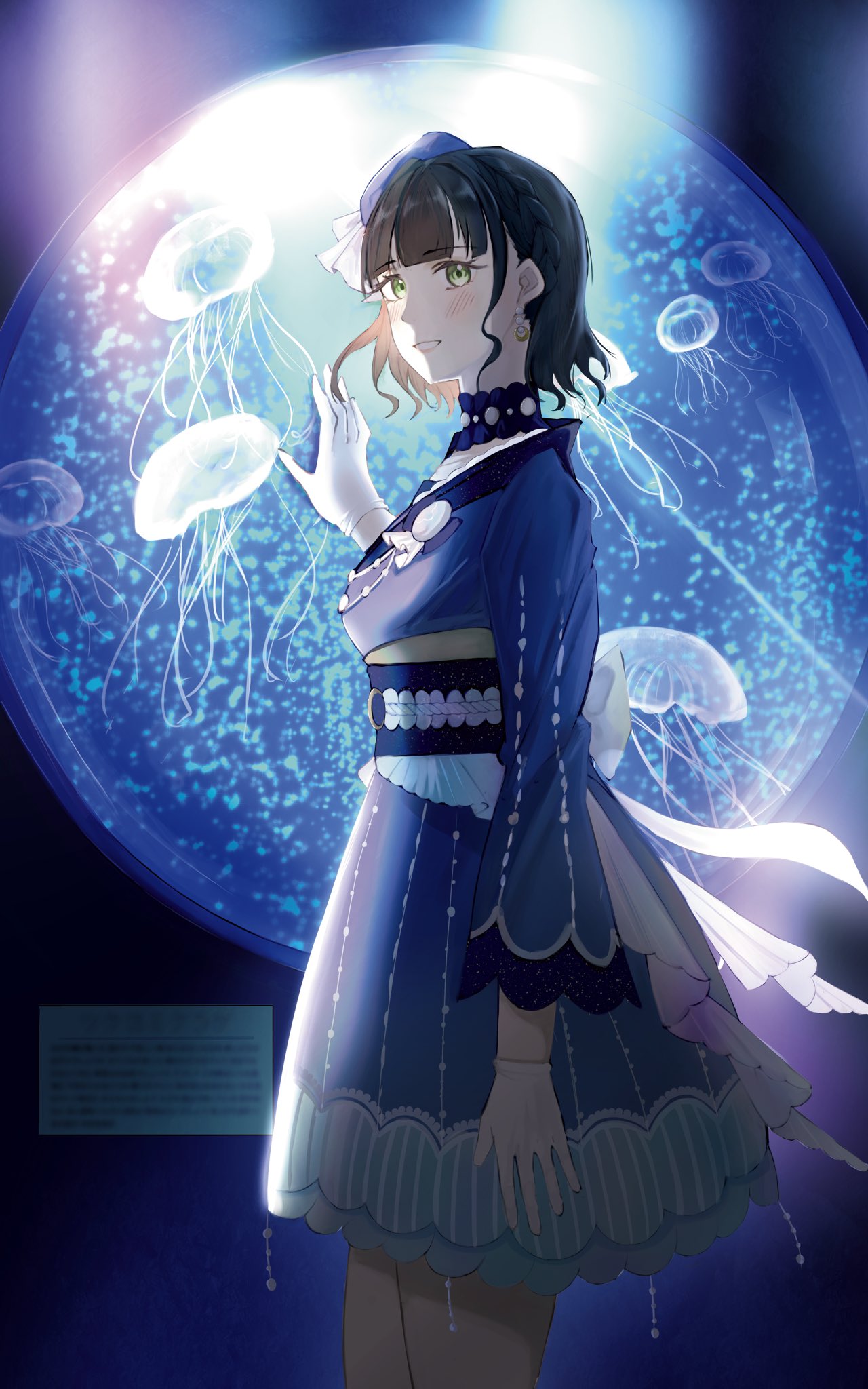 1girl, aquarium, beret, black_hair, blue_dress, blue_hat, blue_kimono, blue_skirt