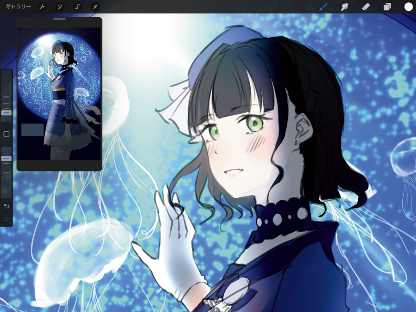 1girl, art_program_in_frame, beret, black_hair, blue_dress, blue_hat, blue_kimono, blue_skirt