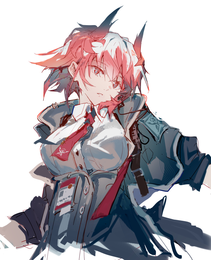 1girl, absurdres, animal_ears, arknights, bird_ears, black_jacket, black_skirt, breasts, collared_shirt, commentary_request, extra_ears, feather_hair, fiammetta_(arknights), high-waist_skirt, highres, id_card, jacket, ken1212ab, looking_at_viewer, necktie, open_clothes, open_jacket, partial_commentary, pointy_hair, red_eyes, red_necktie, redhead, shirt, short_hair, simple_background, sketch, skirt, solo, upper_body, white_shirt